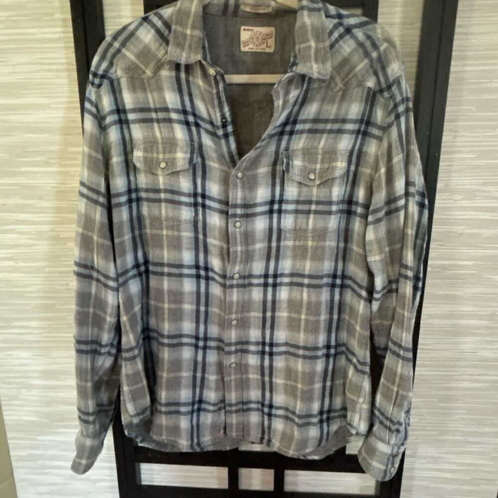 Lucky Brand vintage blue plaid cotton soft snap front long sleeve shirt size L